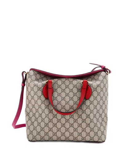 Pre-owned Gucci Signature Fold Over Tote Gg Coated Canvas With Leather Medium Satchel In Neutral