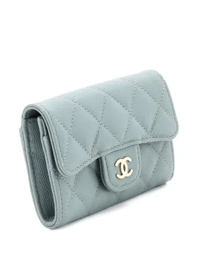 Pre-owned Chanel Classic Flap Quilted Caviar Card Holder In Blue