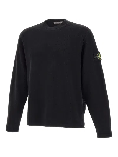Stone Island Minimalist Black Crewneck Sweater With Ribbed Accents In Black