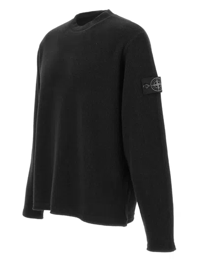 Stone Island Minimalist Black Crewneck Sweater With Ribbed Accents In Black