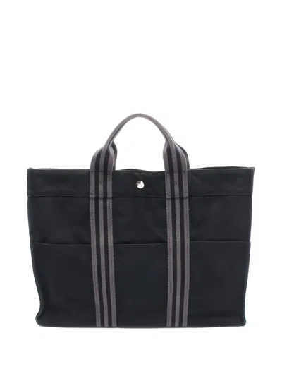 Pre-owned Hermes 2000s Striped-handle Tote Bag In Black