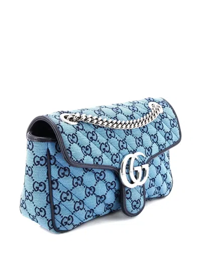 Pre-owned Gucci Gg Marmont Flap Bag Diagonal Quilted Gg Canvas With Leather Small Shoulder Bag In Blue
