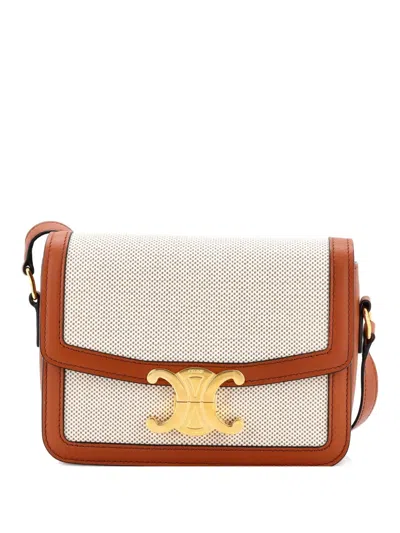 Pre-owned Celine Triomphe Shoulder Bag Canvas With Leather Teen Crossbody Bag In Neutral