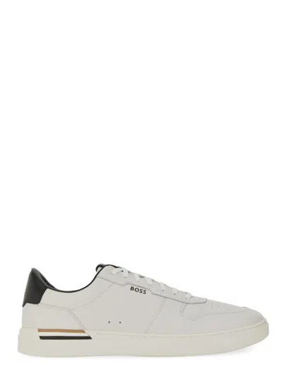 Hugo Boss Leather Trainers With Signature-stripe Details In White