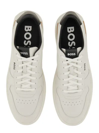 Hugo Boss Leather Trainers With Signature-stripe Details In White