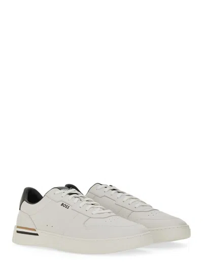 Hugo Boss Leather Trainers With Signature-stripe Details In White