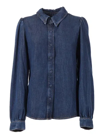 7 For All Mankind Dark Blue Puff Sleeve Shirt Poppy In Blue