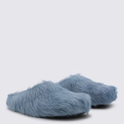 Marni Faux Fur Round Toe Slippers With Heel In Blue