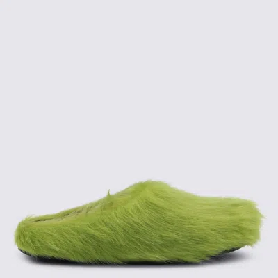 Marni Faux Fur Round Toe Slippers With Heel In Green