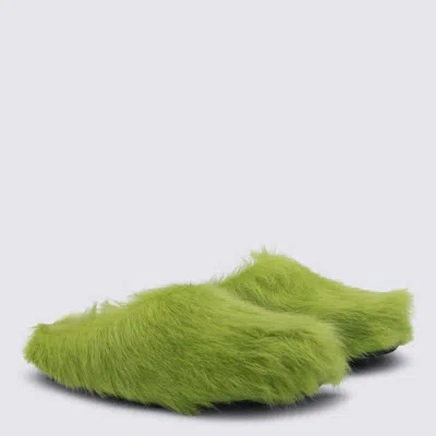 Marni Faux Fur Round Toe Slippers With Heel In Green