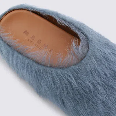 Marni Faux Fur Round Toe Slippers With Heel In Blue