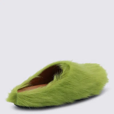 Marni Faux Fur Round Toe Slippers With Heel In Green