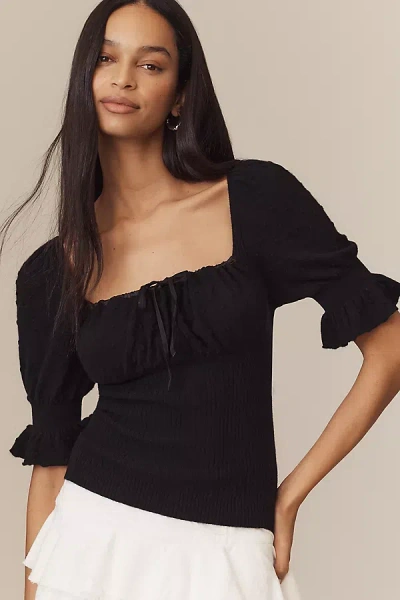 By Anthropologie Ruffle-sleeve Wool Cashmere Knit Blouse In Black