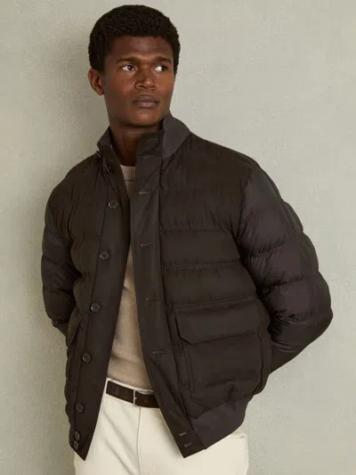 Reiss Chocolate Brown Patch-pocket Quilted-alcantara Jacket In Black
