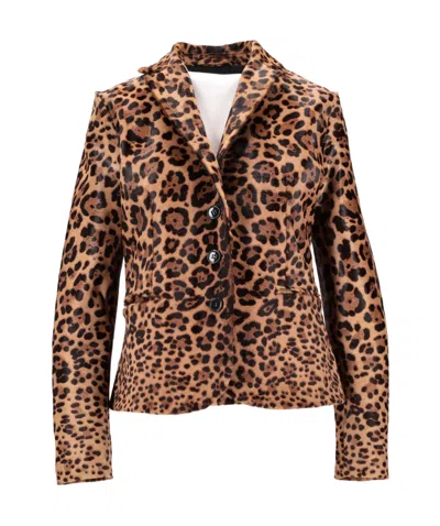 Lela Rose Long-sleeved Leopard-print Leather Jacket In Brown
