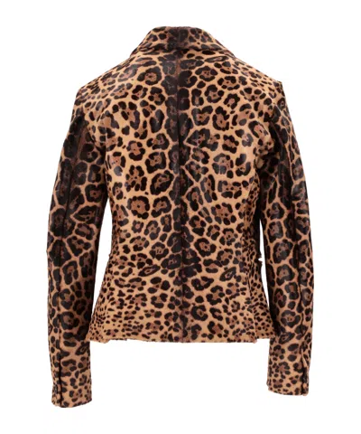 Lela Rose Long-sleeved Leopard-print Leather Jacket In Brown