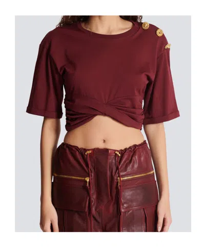 Balmain Twisted Button-embellished Top In Burgundy