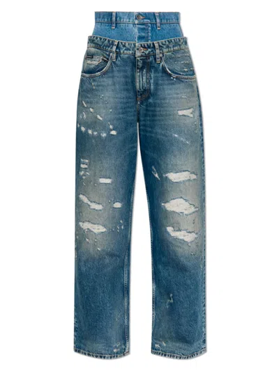 Dolce & Gabbana High-rise Double Waistband Wide-leg Distressed Jeans In Blue