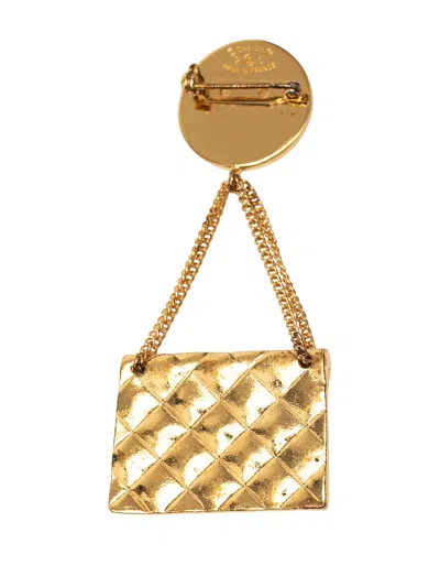 Pre-owned Chanel 1980-1990 Gold Plated Cc Medallion Handbag Brooch Costume Brooch