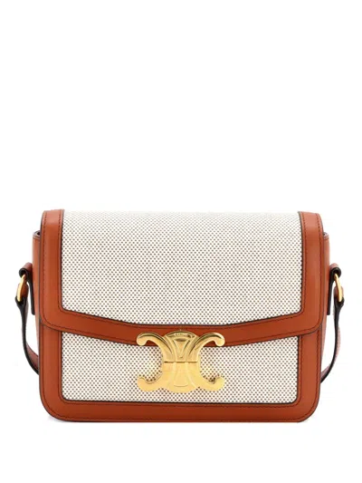 Pre-owned Celine Triomphe Shoulder Bag Canvas With Leather Teen Crossbody Bag In Neutral