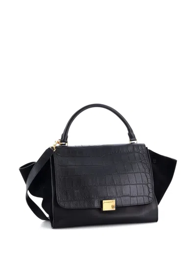 Pre-owned Celine Trapeze Bag Crocodile Embossed Leather Medium Satchel In Black
