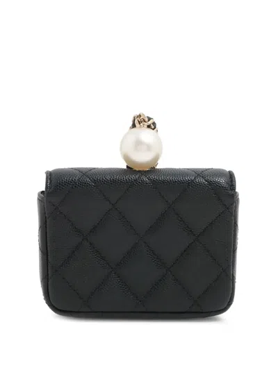 Pre-owned Chanel 2021 Quilted Caviar Cc Pearl On Top Coin Pouch With Chain Crossbody Bag In Black