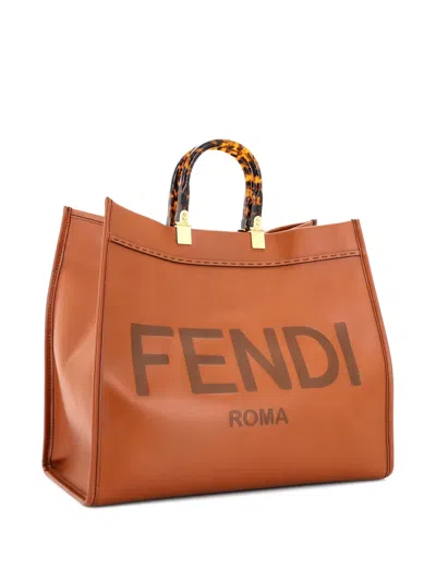 Pre-owned Fendi Sunshine Shopper Leather Large Tote Bag In Brown