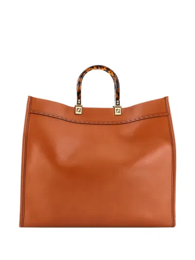 Pre-owned Fendi Sunshine Shopper Leather Large Tote Bag In Brown