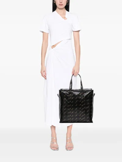 Pre-owned Balenciaga 2017 M Lambskin Allover Logo Bazar Shopper Satchel In Black