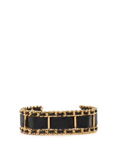 Pre-owned Chanel 1980-1990 Gold Plated Leather Woven Chain Cuff Bracelet Costume Bracelet In Black