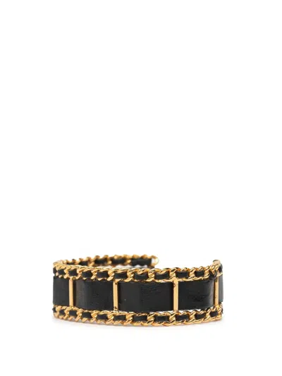 Pre-owned Chanel 1980-1990 Gold Plated Leather Woven Chain Cuff Bracelet Costume Bracelet In Black