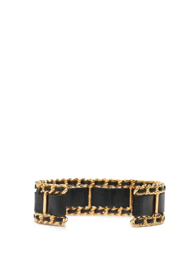 Pre-owned Chanel 1980-1990 Gold Plated Leather Woven Chain Cuff Bracelet Costume Bracelet In Black