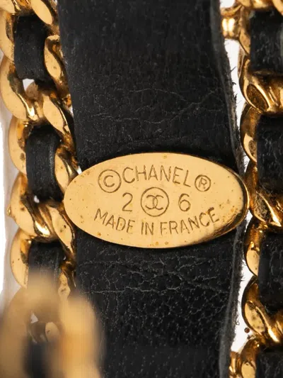 Pre-owned Chanel 1980-1990 Gold Plated Leather Woven Chain Cuff Bracelet Costume Bracelet In Black