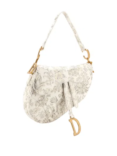 Pre-owned Dior Saddle Handbag With Strap Printed Leather Medium Shoulder Bag In White
