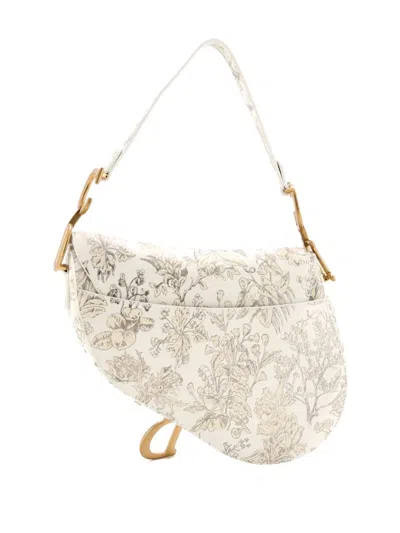 Pre-owned Dior Saddle Handbag With Strap Printed Leather Medium Shoulder Bag In White