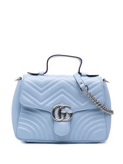 Pre-owned Gucci 2016-2025 Small Gg Marmont Matelasse Leather Top Handle Bag Satchel In Blue
