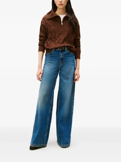 Tommy Hilfiger Cable-knit Half-zip Knitwear In Brown