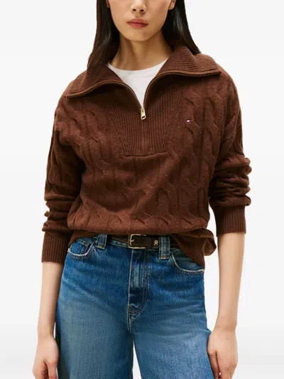 Tommy Hilfiger Cable-knit Half-zip Knitwear In Brown