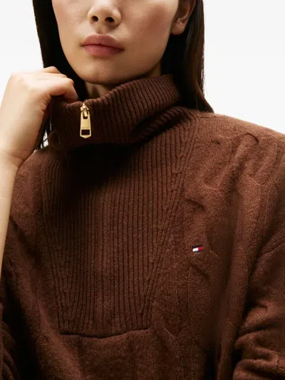 Tommy Hilfiger Cable-knit Half-zip Knitwear In Brown
