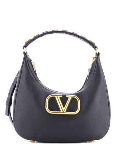 Pre-owned Valentino Garavani Stud Sign Zip Leather Hobo Bag In Black