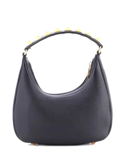 Pre-owned Valentino Garavani Stud Sign Zip Leather Hobo Bag In Black