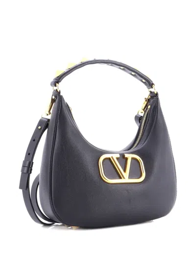 Pre-owned Valentino Garavani Stud Sign Zip Leather Hobo Bag In Black