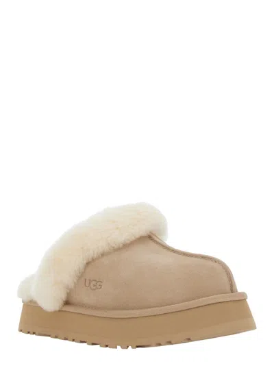 Ugg 'disquette' Beige Mule With Fur And Logo On Back In Suede Woman In Brown