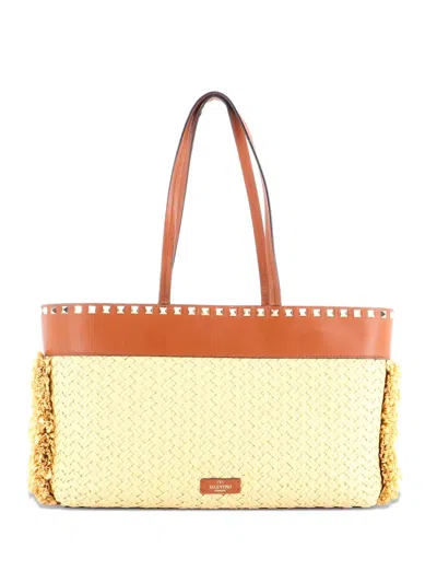 Pre-owned Valentino Garavani Rockstud Shopping Raffia With Leather Large Tote Bag In Neutral