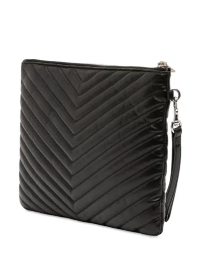 Pre-owned Saint Laurent 2019 Quilted Chevron Leather Monogram Document Holder Clutch Bag In Black