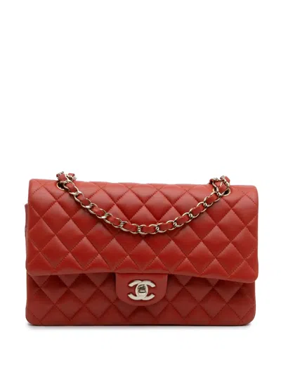 Pre-owned Chanel 2017-2018 Medium Classic Lambskin Double Flap Shoulder Bag In Red