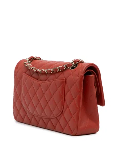Pre-owned Chanel 2017-2018 Medium Classic Lambskin Double Flap Shoulder Bag In Red