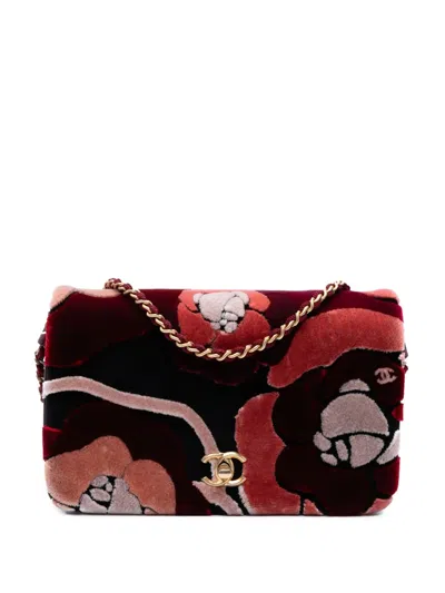 Pre-owned Chanel 2017-2018 Paris Cosmopolite Velvet Camellia Flap Satchel In Red