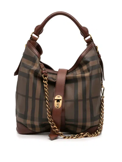 Pre-owned Burberry 2000-2017 Medium Smoke Check Coated Canvas Chain Hobo Bag In Brown