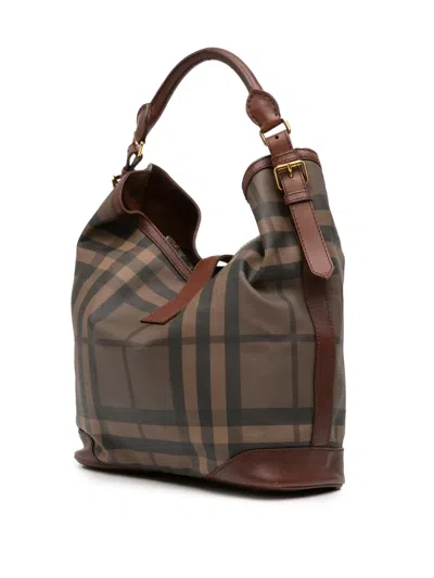Pre-owned Burberry 2000-2017 Medium Smoke Check Coated Canvas Chain Hobo Bag In Brown